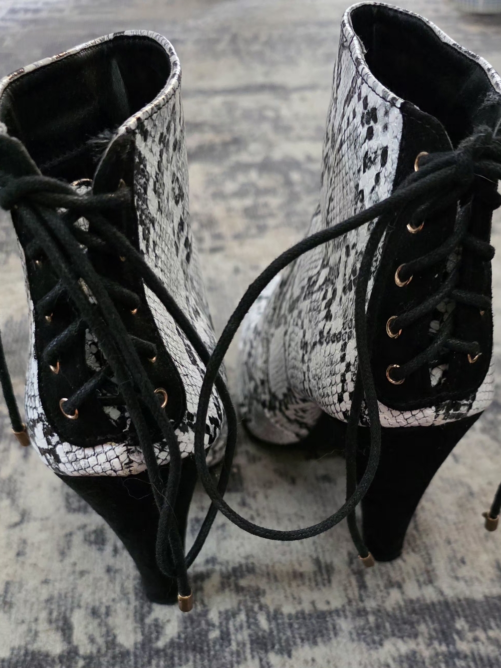 JustFab White and Black Snake-Print Pointed Lace-Up Ankle Boots - Picture 3 of 3